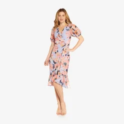 Adrianna Papell Floral-Printed Clip Dot Chiffon Midi-Length Cocktail Dress In Opal Coral Multi -Glam Mirth Sales AP1D104709 AG498 Regular Side