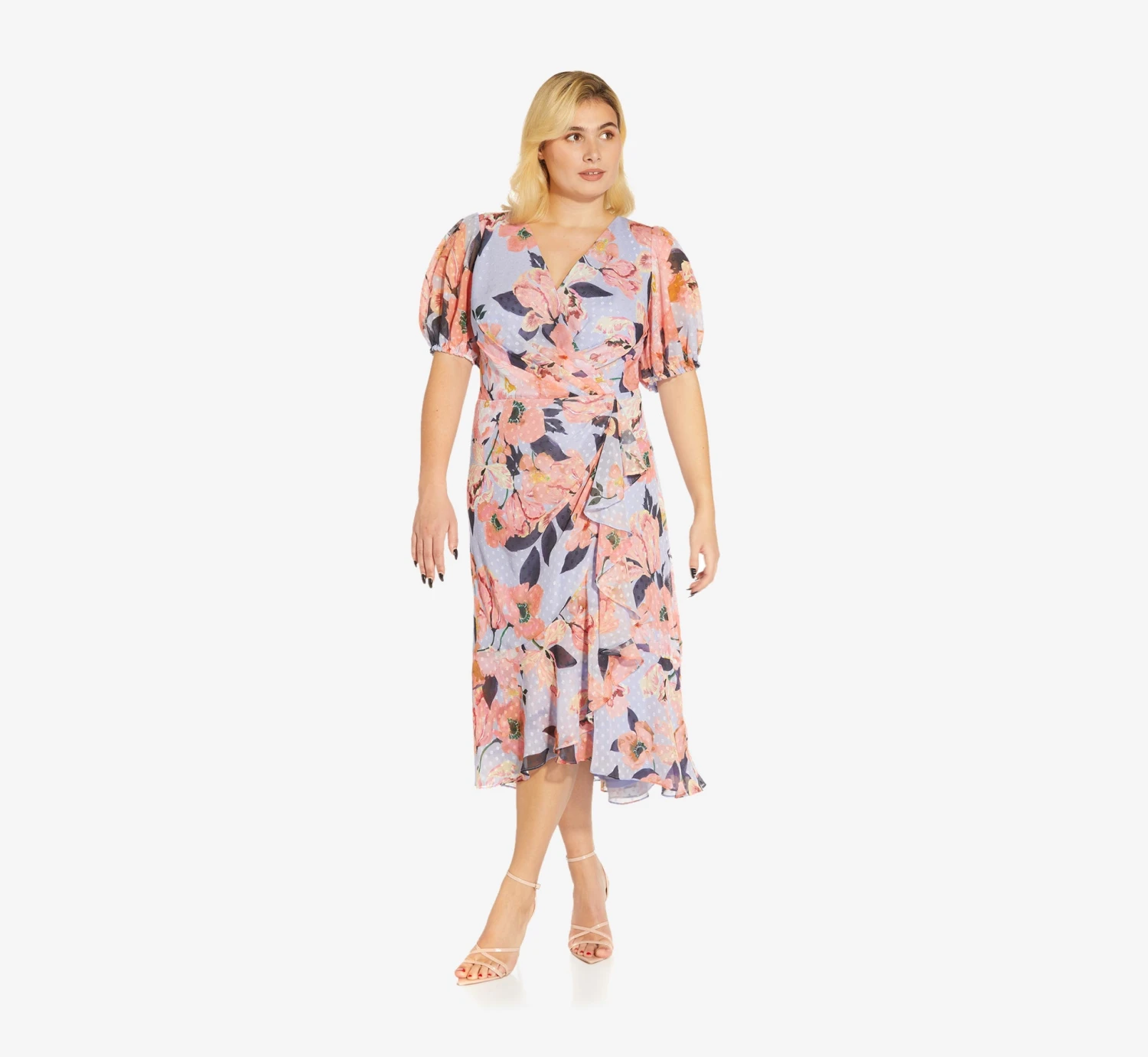 Adrianna Papell Plus Size Floral-Printed Clip Dot Chiffon Midi-Length Cocktail Dress In Opal Coral Multi 6 Adrianna Papell Plus Size Floral-Printed Clip Dot Chiffon Midi-Length Cocktail Dress In Opal Coral Multi - Image 6