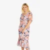Adrianna Papell Plus Size Floral-Printed Clip Dot Chiffon Midi-Length Cocktail Dress In Opal Coral Multi