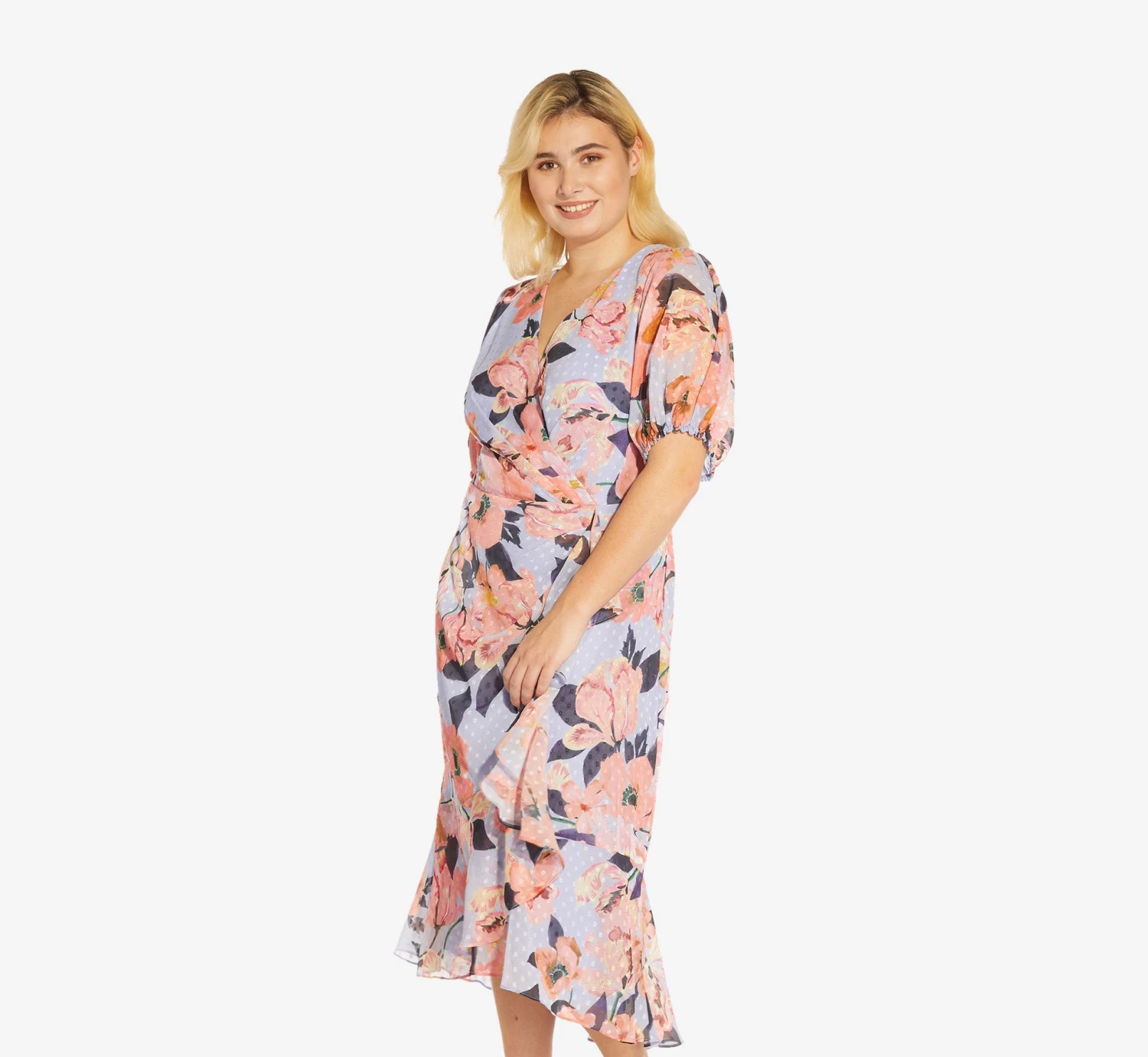 Adrianna Papell Plus Size Floral-Printed Clip Dot Chiffon Midi-Length Cocktail Dress In Opal Coral Multi 1 Adrianna Papell Plus Size Floral-Printed Clip Dot Chiffon Midi-Length Cocktail Dress In Opal Coral Multi
