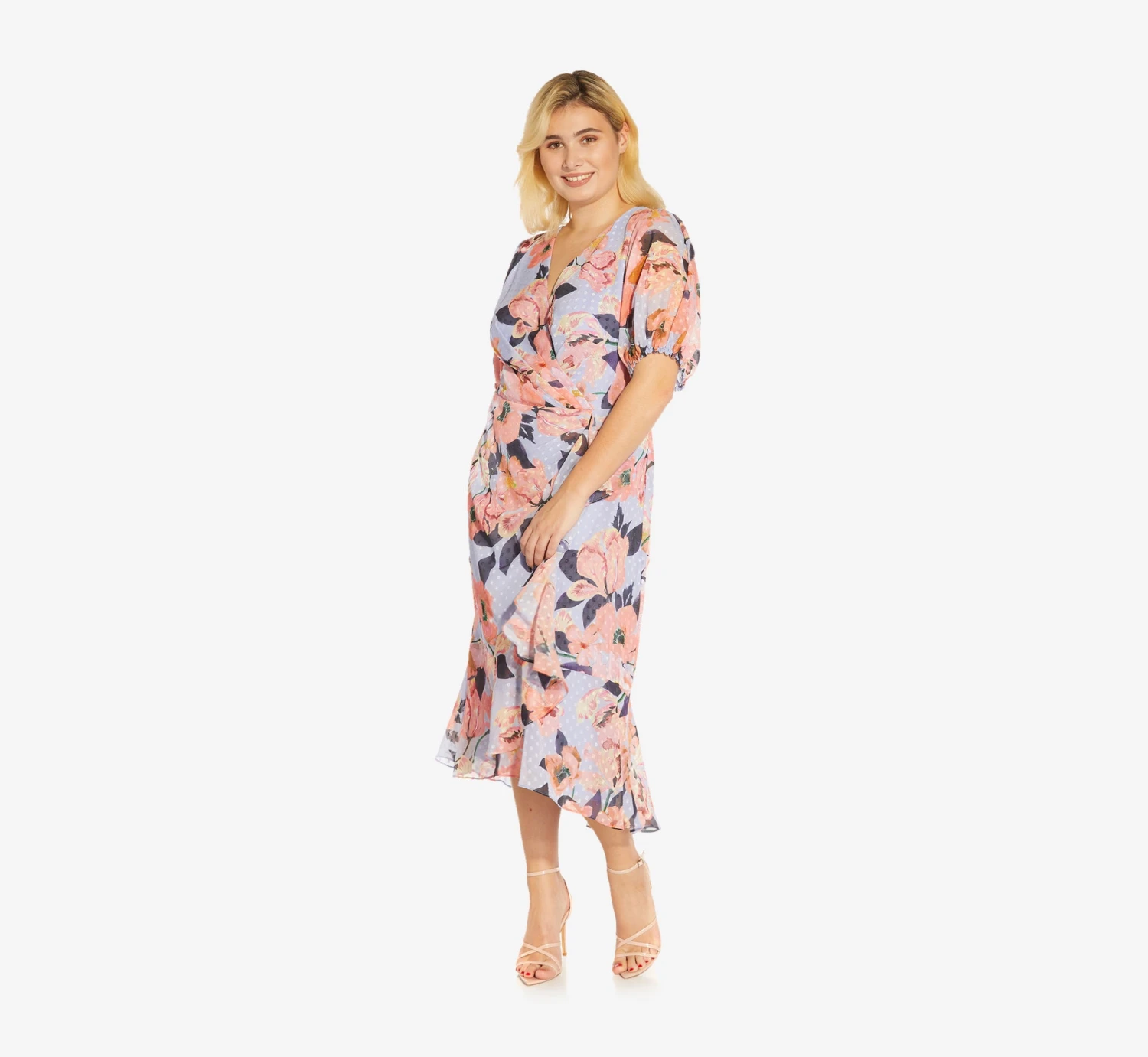 Adrianna Papell Plus Size Floral-Printed Clip Dot Chiffon Midi-Length Cocktail Dress In Opal Coral Multi 3 Adrianna Papell Plus Size Floral-Printed Clip Dot Chiffon Midi-Length Cocktail Dress In Opal Coral Multi - Image 3