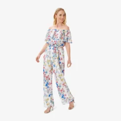 Adrianna Papell Floral-Print Off-The-Shoulder Chiffon Jumpsuit In Ivory Coral Multi 6 Adrianna Papell Floral-Print Off-The-Shoulder Chiffon Jumpsuit In Ivory Coral Multi -Glam Mirth Sales AP1D104713 AE194 Regular Alternate