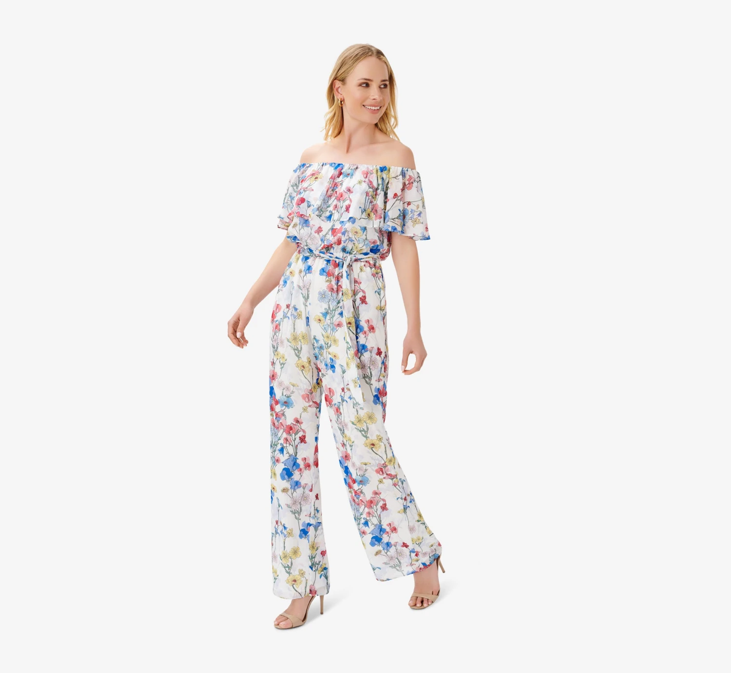 Adrianna Papell Floral-Print Off-The-Shoulder Chiffon Jumpsuit In Ivory Coral Multi 3 Adrianna Papell Floral-Print Off-The-Shoulder Chiffon Jumpsuit In Ivory Coral Multi - Image 3