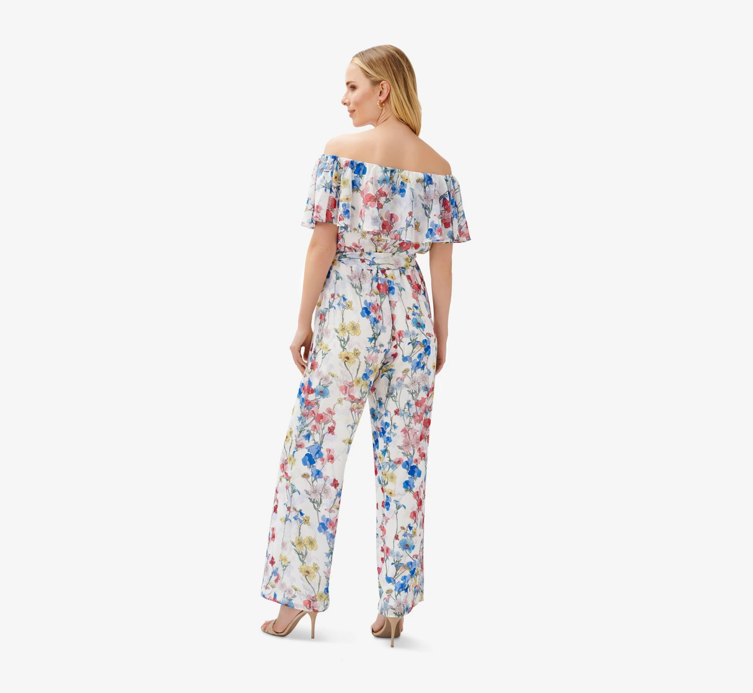 Adrianna Papell Floral-Print Off-The-Shoulder Chiffon Jumpsuit In Ivory Coral Multi 2 Adrianna Papell Floral-Print Off-The-Shoulder Chiffon Jumpsuit In Ivory Coral Multi - Image 2