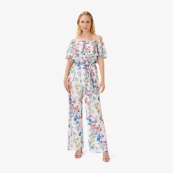 Adrianna Papell Floral-Print Off-The-Shoulder Chiffon Jumpsuit In Ivory Coral Multi