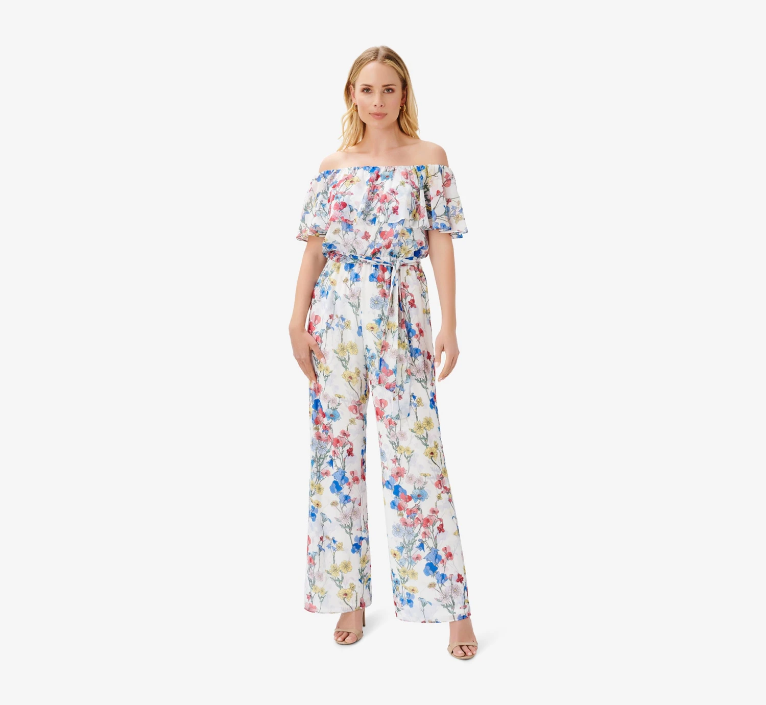 Adrianna Papell Floral-Print Off-The-Shoulder Chiffon Jumpsuit In Ivory Coral Multi 1 Adrianna Papell Floral-Print Off-The-Shoulder Chiffon Jumpsuit In Ivory Coral Multi