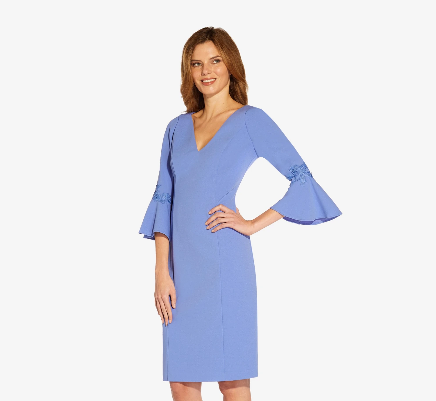 Adrianna Papell Lace-Trim Crepe Short Sheath Dress With Bell Sleeves In Misty Peri 1 Adrianna Papell Lace-Trim Crepe Short Sheath Dress With Bell Sleeves In Misty Peri