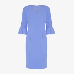 Adrianna Papell Lace-Trim Crepe Short Sheath Dress With Bell Sleeves In Misty Peri 8 Adrianna Papell Lace-Trim Crepe Short Sheath Dress With Bell Sleeves In Misty Peri -Glam Mirth Sales AP1D104716 AD494 Regular Flat