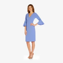 Adrianna Papell Lace-Trim Crepe Short Sheath Dress With Bell Sleeves In Misty Peri 7 Adrianna Papell Lace-Trim Crepe Short Sheath Dress With Bell Sleeves In Misty Peri -Glam Mirth Sales AP1D104716 AD494 Regular Side