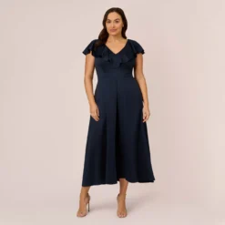 Adrianna Papell Plus Size Satin Crepe Ruffled Cropped Jumpsuit In Dark Navy