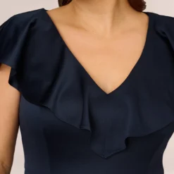 Adrianna Papell Plus Size Satin Crepe Ruffled Cropped Jumpsuit In Dark Navy -Glam Mirth Sales AP1D104719 AV410 Plus Detail