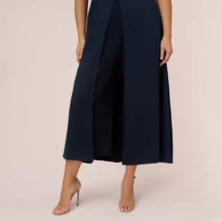 Adrianna Papell Plus Size Satin Crepe Ruffled Cropped Jumpsuit In Dark Navy -Glam Mirth Sales AP1D104719 AV410 Plus Lifestyle