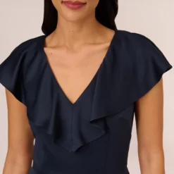 Adrianna Papell Satin Crepe Ruffled Cropped Jumpsuit In Dark Navy -Glam Mirth Sales AP1D104719 AV410 Regular Detail