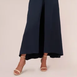 Adrianna Papell Satin Crepe Ruffled Cropped Jumpsuit In Dark Navy -Glam Mirth Sales AP1D104719 AV410 Regular Lifestyle