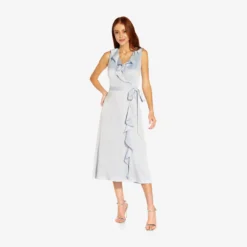 Adrianna Papell Satin Crepe Midi-Length Ruffled Faux Wrap Dress In Opal 8 Adrianna Papell Satin Crepe Midi-Length Ruffled Faux Wrap Dress In Opal -Glam Mirth Sales AP1D104720 AI498 Regular Alternate