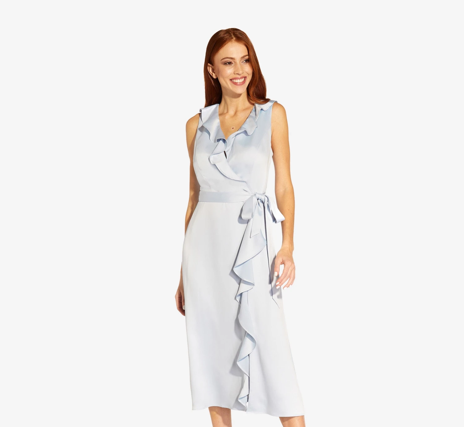 Adrianna Papell Satin Crepe Midi-Length Ruffled Faux Wrap Dress In Opal 1 Adrianna Papell Satin Crepe Midi-Length Ruffled Faux Wrap Dress In Opal