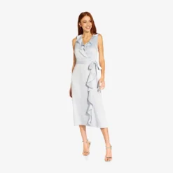 Adrianna Papell Satin Crepe Midi-Length Ruffled Faux Wrap Dress In Opal 9 Adrianna Papell Satin Crepe Midi-Length Ruffled Faux Wrap Dress In Opal -Glam Mirth Sales AP1D104720 AI498 Regular Side