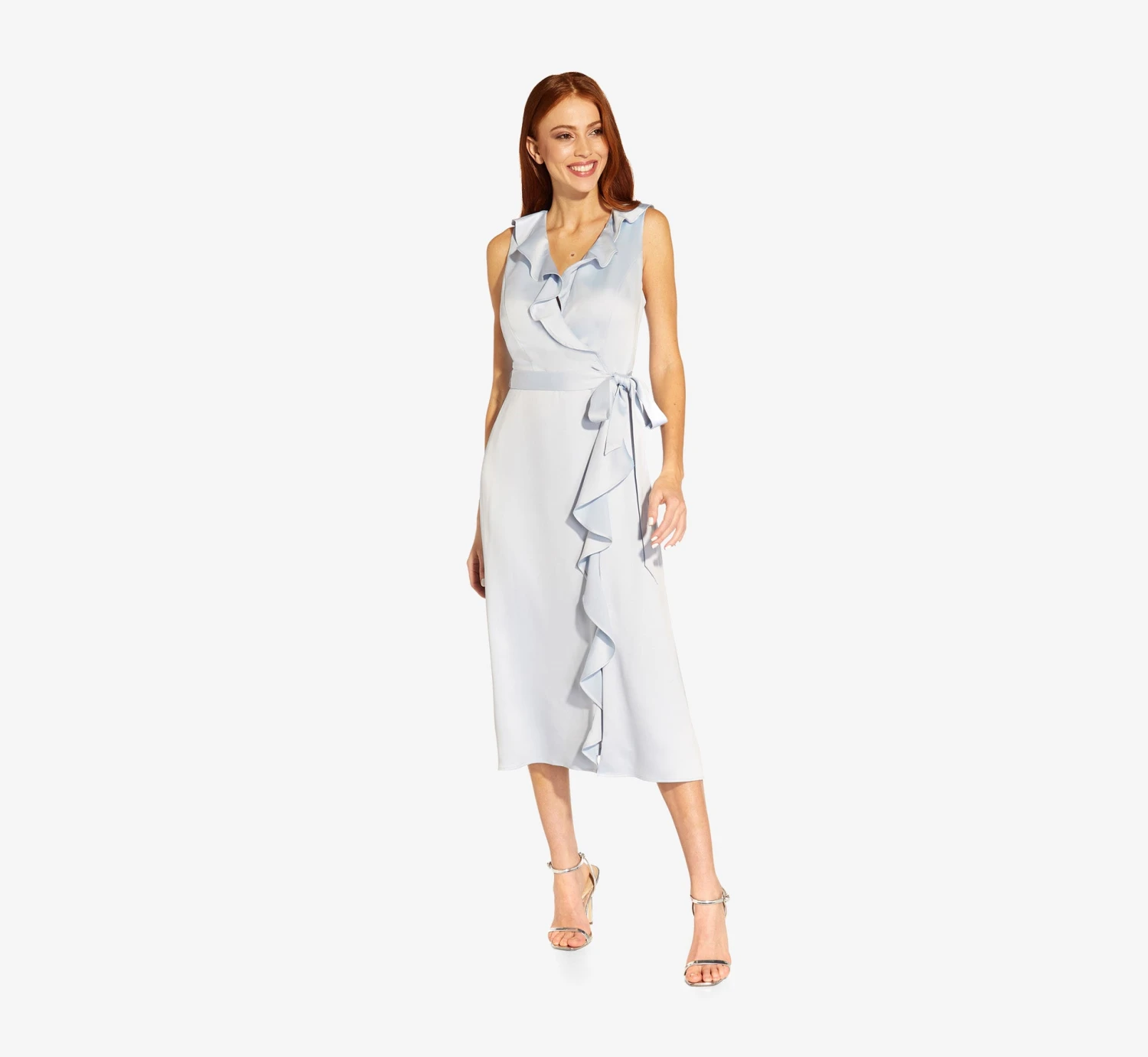 Adrianna Papell Satin Crepe Midi-Length Ruffled Faux Wrap Dress In Opal 4 Adrianna Papell Satin Crepe Midi-Length Ruffled Faux Wrap Dress In Opal - Image 4
