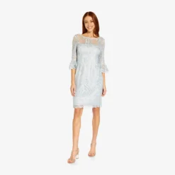 Adrianna Papell Embroidered Illusion Short Sheath Dress With Bell Sleeves In Opal -Glam Mirth Sales AP1D104722 AI498 Regular Alternate