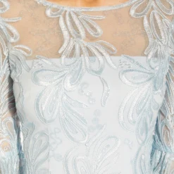 Adrianna Papell Embroidered Illusion Short Sheath Dress With Bell Sleeves In Opal -Glam Mirth Sales AP1D104722 AI498 Regular Detail