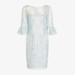 Adrianna Papell Embroidered Illusion Short Sheath Dress With Bell Sleeves In Opal -Glam Mirth Sales AP1D104722 AI498 Regular Flat