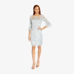 Adrianna Papell Embroidered Illusion Short Sheath Dress With Bell Sleeves In Opal -Glam Mirth Sales AP1D104722 AI498 Regular Side