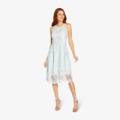 Adrianna Papell Embroidered Illusion Midi-Length Fit-And-Flare Dress In Opal -Glam Mirth Sales AP1D104723 AI498 Regular Alternate