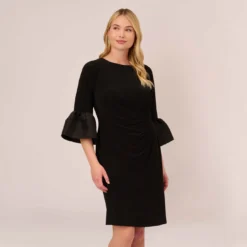 Adrianna Papell Plus Size Draped Jersey Short Sheath Dress With Bell Cuffs In Black