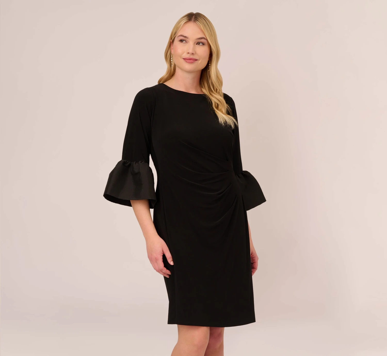 Adrianna Papell Plus Size Draped Jersey Short Sheath Dress With Bell Cuffs In Black 1 Adrianna Papell Plus Size Draped Jersey Short Sheath Dress With Bell Cuffs In Black