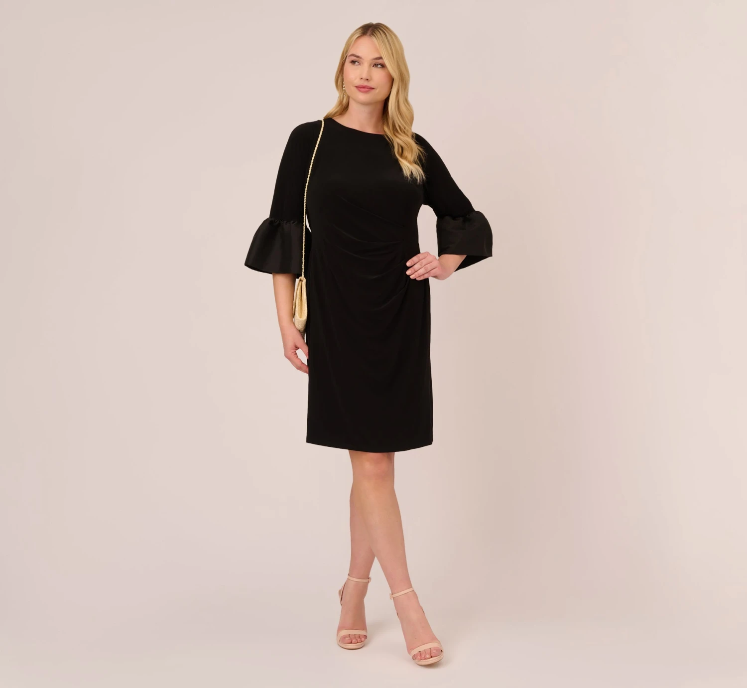Adrianna Papell Plus Size Draped Jersey Short Sheath Dress With Bell Cuffs In Black 2 Adrianna Papell Plus Size Draped Jersey Short Sheath Dress With Bell Cuffs In Black - Image 2