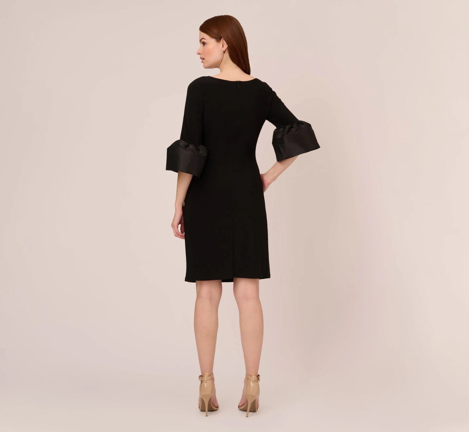 Adrianna Papell Draped Jersey Short Sheath Dress With Bell Cuffs In Black 4 Adrianna Papell Draped Jersey Short Sheath Dress With Bell Cuffs In Black - Image 4
