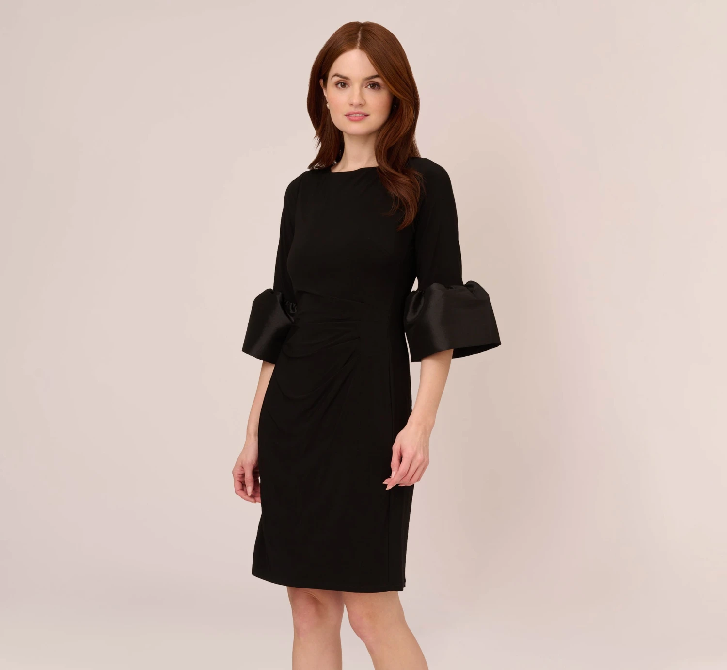 Adrianna Papell Draped Jersey Short Sheath Dress With Bell Cuffs In Black 1 Adrianna Papell Draped Jersey Short Sheath Dress With Bell Cuffs In Black