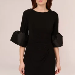 Adrianna Papell Draped Jersey Short Sheath Dress With Bell Cuffs In Black 12 Adrianna Papell Draped Jersey Short Sheath Dress With Bell Cuffs In Black -Glam Mirth Sales AP1D104729 AA002 Regular Detail