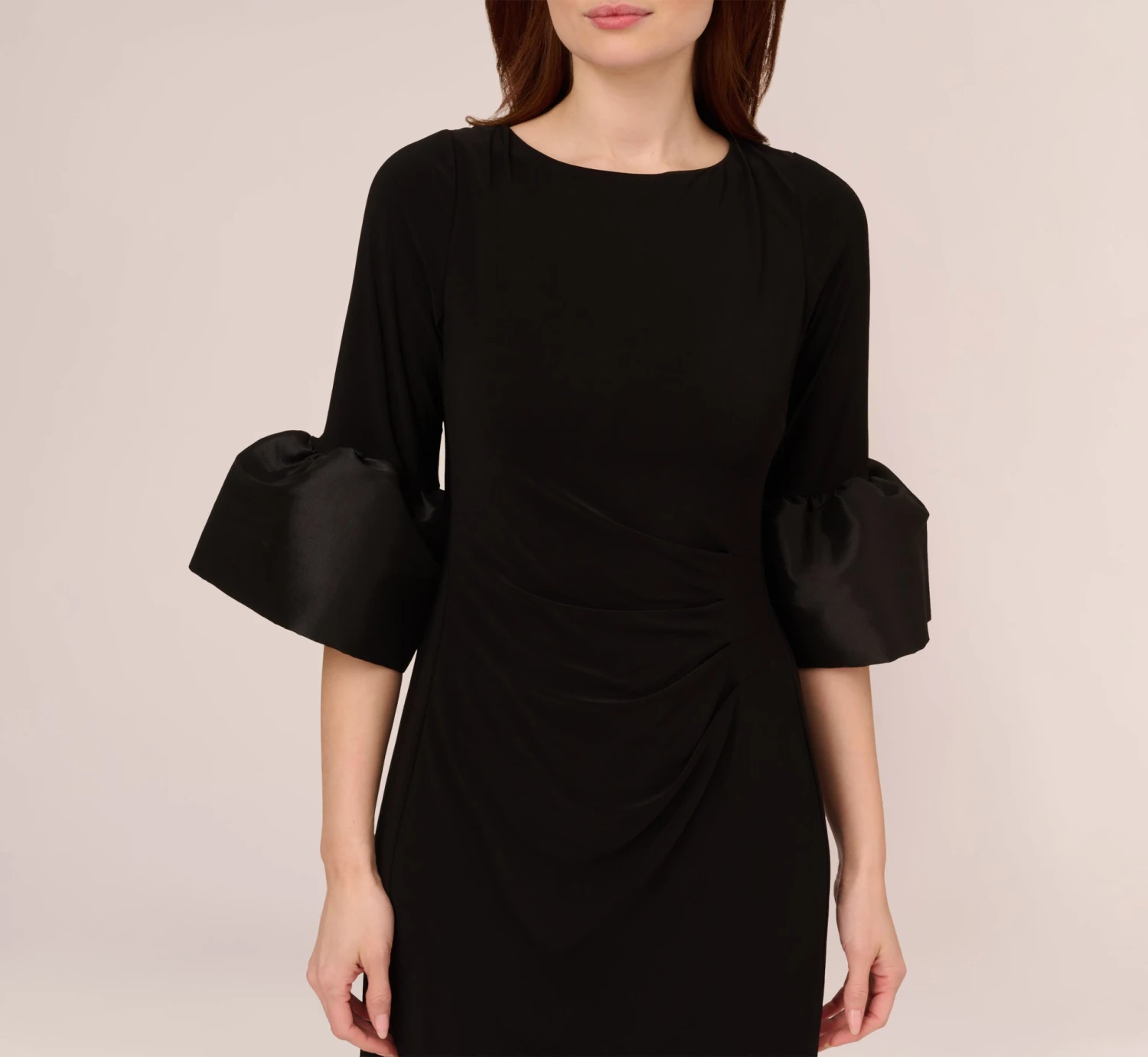Adrianna Papell Draped Jersey Short Sheath Dress With Bell Cuffs In Black 5 Adrianna Papell Draped Jersey Short Sheath Dress With Bell Cuffs In Black - Image 5