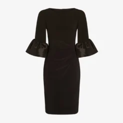 Adrianna Papell Draped Jersey Short Sheath Dress With Bell Cuffs In Black 15 Adrianna Papell Draped Jersey Short Sheath Dress With Bell Cuffs In Black -Glam Mirth Sales AP1D104729 AA002 Regular Flat