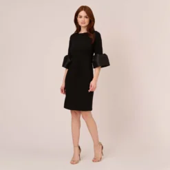 Adrianna Papell Draped Jersey Short Sheath Dress With Bell Cuffs In Black 13 Adrianna Papell Draped Jersey Short Sheath Dress With Bell Cuffs In Black -Glam Mirth Sales AP1D104729 AA002 Regular Front