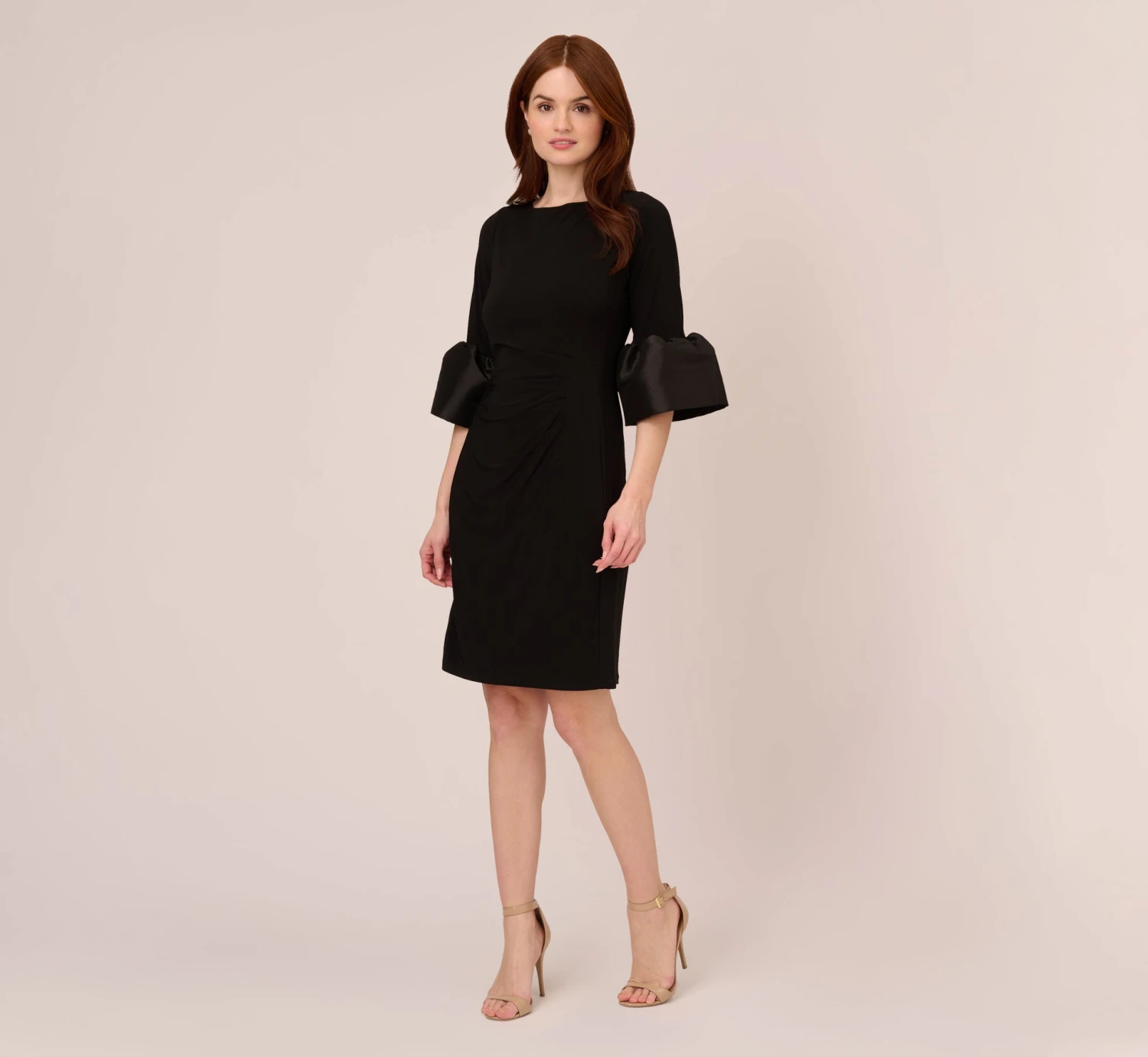 Adrianna Papell Draped Jersey Short Sheath Dress With Bell Cuffs In Black 6 Adrianna Papell Draped Jersey Short Sheath Dress With Bell Cuffs In Black - Image 6