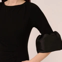 Adrianna Papell Draped Jersey Short Sheath Dress With Bell Cuffs In Black 10 Adrianna Papell Draped Jersey Short Sheath Dress With Bell Cuffs In Black -Glam Mirth Sales AP1D104729 AA002 Regular Lifestyle