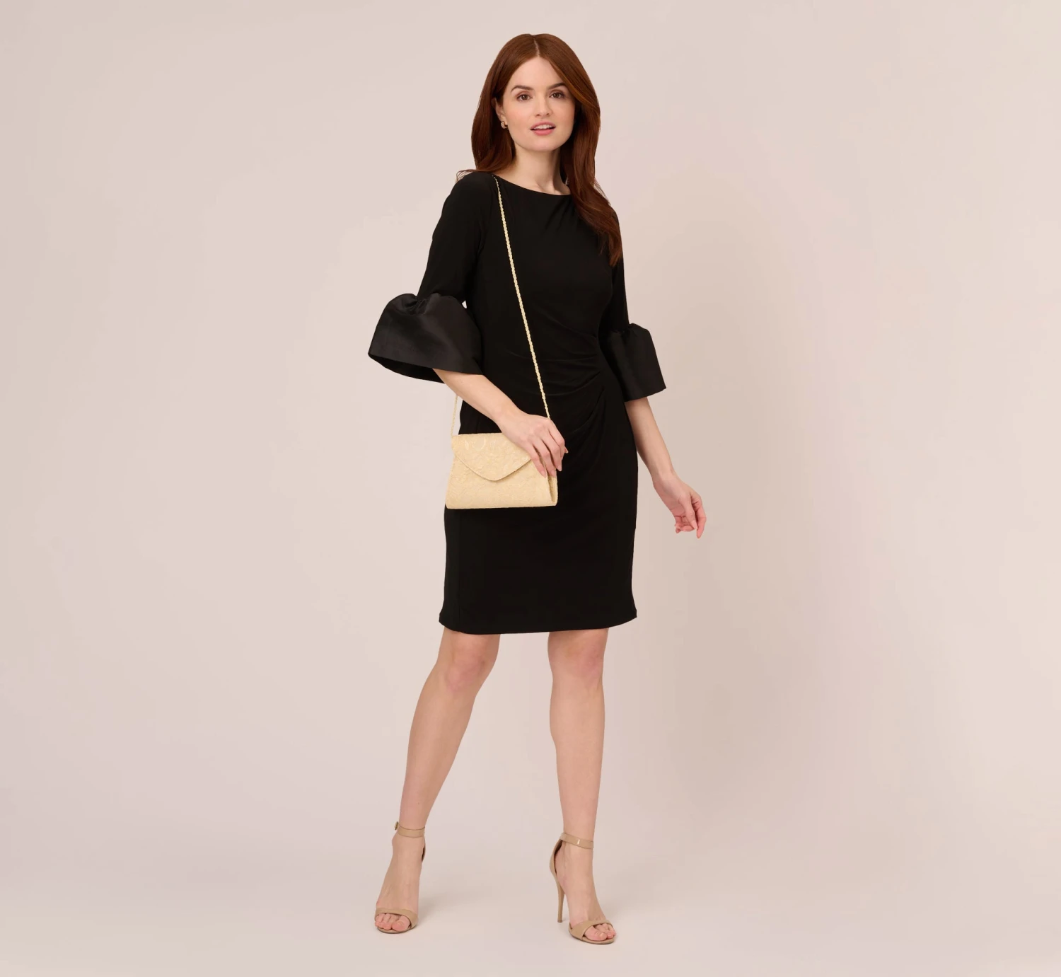 Adrianna Papell Draped Jersey Short Sheath Dress With Bell Cuffs In Black 2 Adrianna Papell Draped Jersey Short Sheath Dress With Bell Cuffs In Black - Image 2