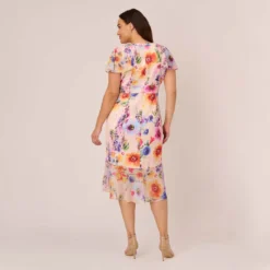 Adrianna Papell Plus Size Floral-Print Faux Wrap Midi-Length Ruffled Dress With Flutter Sleeves In Praline Multi -Glam Mirth Sales AP1D104731 AJ267 Plus Back