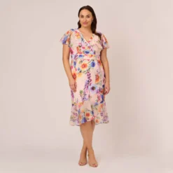 Adrianna Papell Plus Size Floral-Print Faux Wrap Midi-Length Ruffled Dress With Flutter Sleeves In Praline Multi