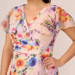 Adrianna Papell Plus Size Floral-Print Faux Wrap Midi-Length Ruffled Dress With Flutter Sleeves In Praline Multi -Glam Mirth Sales AP1D104731 AJ267 Plus Detail