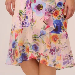 Adrianna Papell Plus Size Floral-Print Faux Wrap Midi-Length Ruffled Dress With Flutter Sleeves In Praline Multi -Glam Mirth Sales AP1D104731 AJ267 Plus Lifestyle