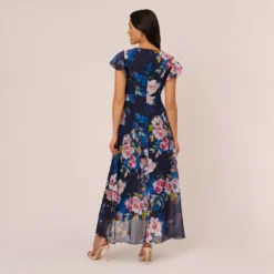 Adrianna Papell Floral-Print Cropped Jumpsuit With Chiffon Overlay In Navy Multi 8 Adrianna Papell Floral-Print Cropped Jumpsuit With Chiffon Overlay In Navy Multi -Glam Mirth Sales AP1D104734 AA980 Regular Back