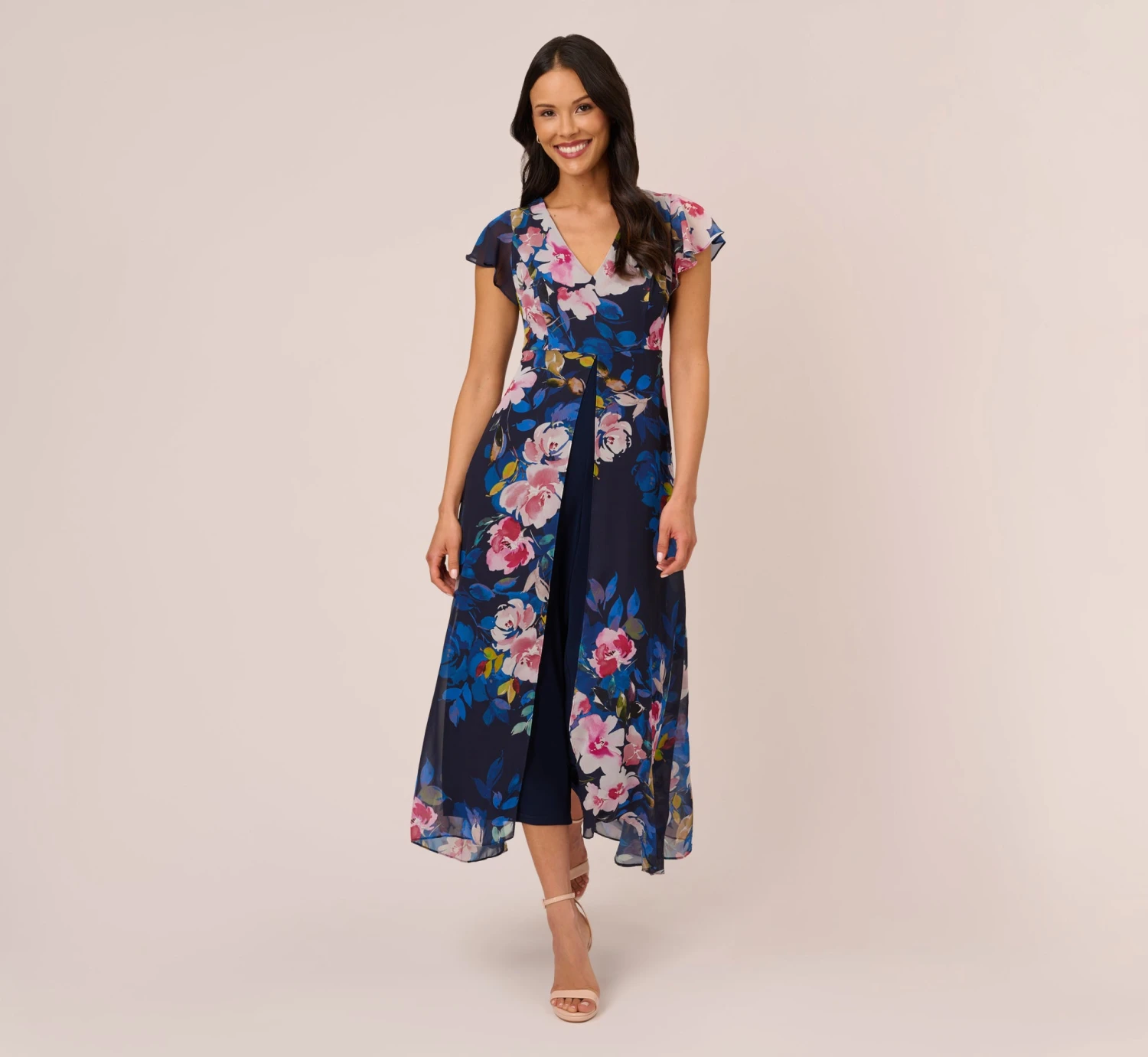 Adrianna Papell Floral-Print Cropped Jumpsuit With Chiffon Overlay In Navy Multi 1 Adrianna Papell Floral-Print Cropped Jumpsuit With Chiffon Overlay In Navy Multi