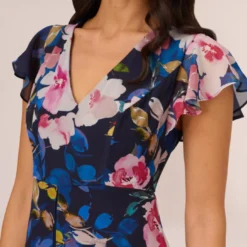 Adrianna Papell Floral-Print Cropped Jumpsuit With Chiffon Overlay In Navy Multi 9 Adrianna Papell Floral-Print Cropped Jumpsuit With Chiffon Overlay In Navy Multi -Glam Mirth Sales AP1D104734 AA980 Regular Detail