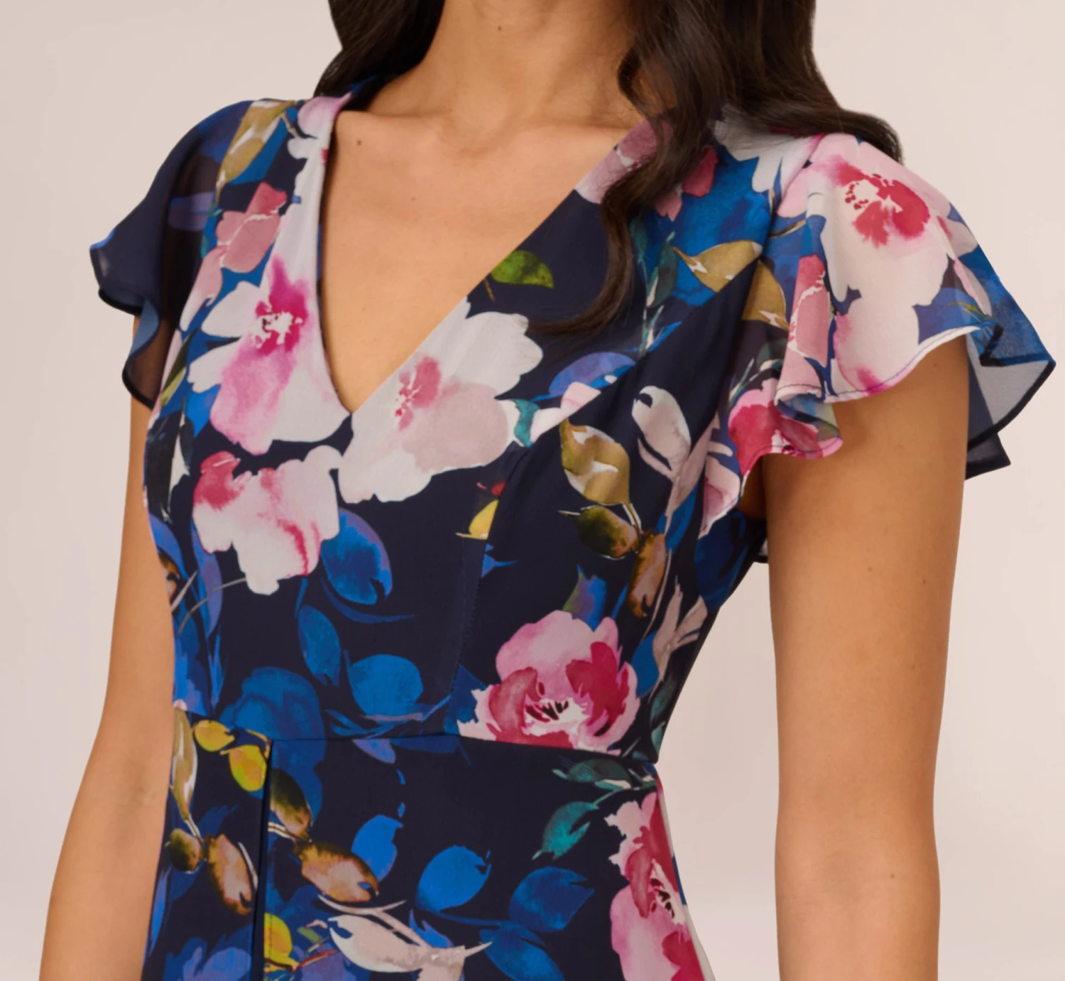 Adrianna Papell Floral-Print Cropped Jumpsuit With Chiffon Overlay In Navy Multi 4 Adrianna Papell Floral-Print Cropped Jumpsuit With Chiffon Overlay In Navy Multi - Image 4