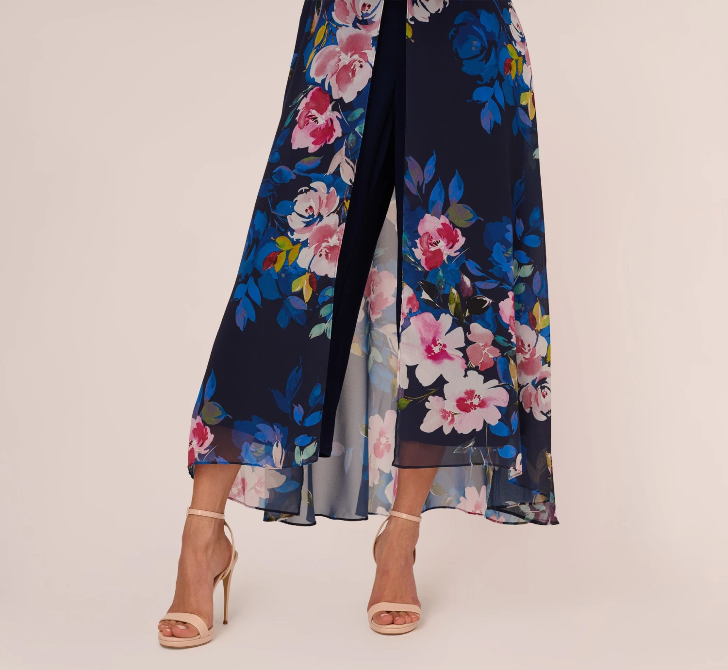 Adrianna Papell Floral-Print Cropped Jumpsuit With Chiffon Overlay In Navy Multi 5 Adrianna Papell Floral-Print Cropped Jumpsuit With Chiffon Overlay In Navy Multi - Image 5