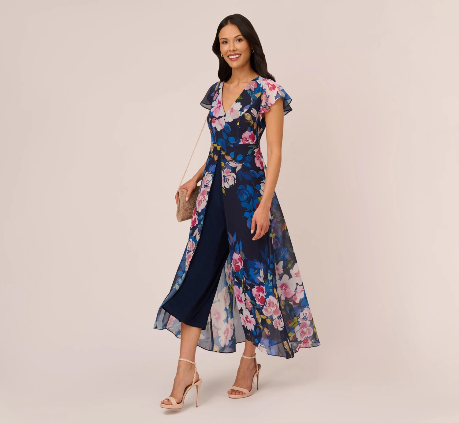 Adrianna Papell Floral-Print Cropped Jumpsuit With Chiffon Overlay In Navy Multi 2 Adrianna Papell Floral-Print Cropped Jumpsuit With Chiffon Overlay In Navy Multi - Image 2