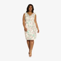 Adrianna Papell Plus Size Floral-Print Twill/Chiffon Ruffled Short Sheath Dress In Alabaster Multi 7 Adrianna Papell Plus Size Floral-Print Twill/Chiffon Ruffled Short Sheath Dress In Alabaster Multi -Glam Mirth Sales AP1D104738 AH105 Plus Alternate
